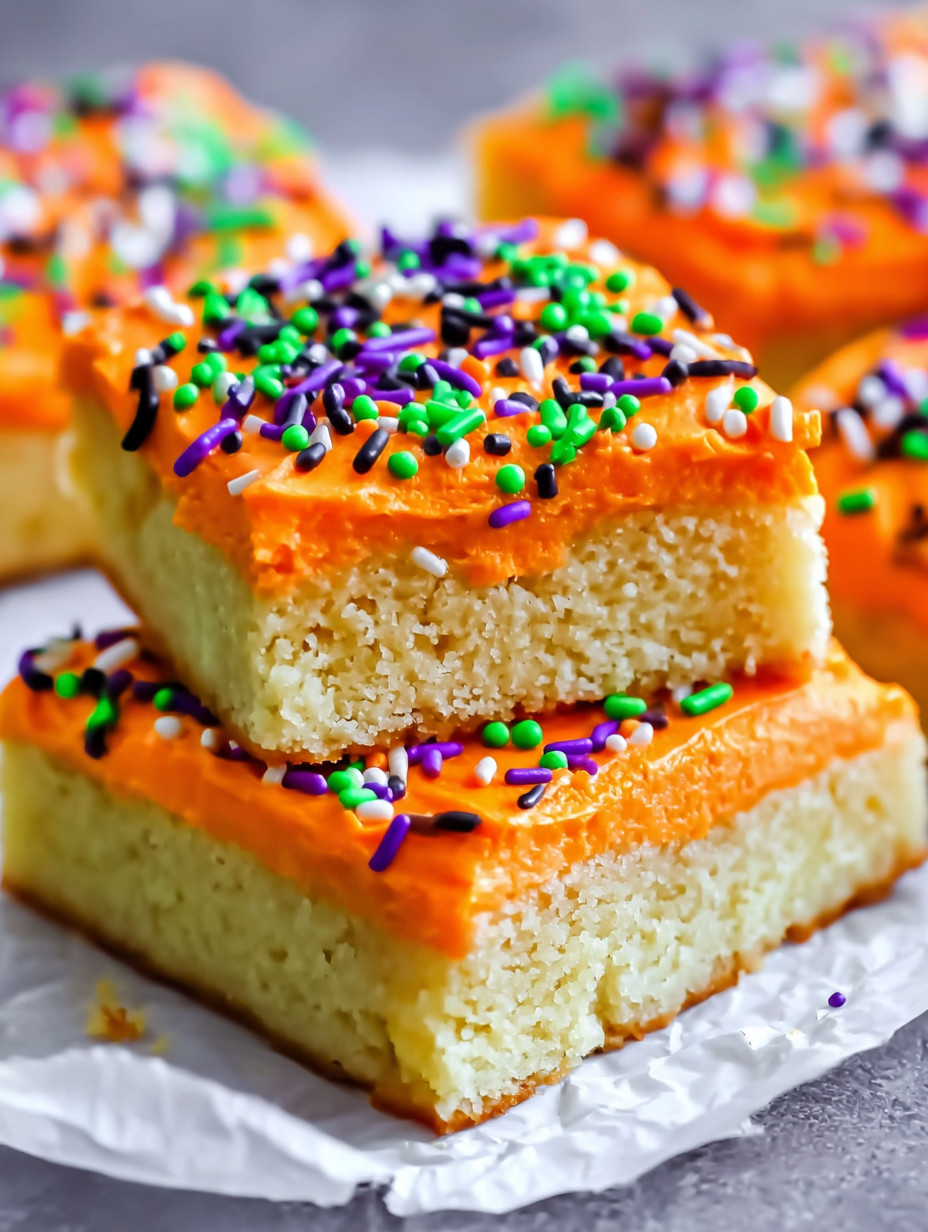 A slice of orange cake with green sprinkles.