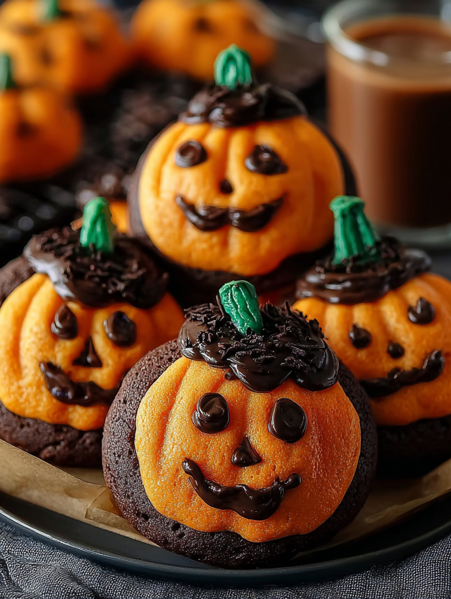 Chocolate cupcakes with chocolate frosting and a pumpkin face.