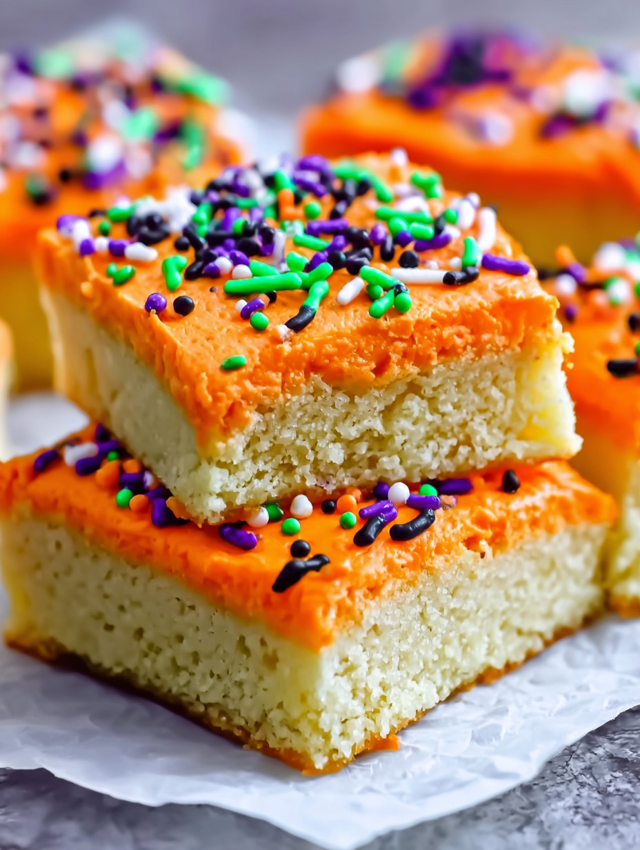 A slice of orange cake with purple and green sprinkles.