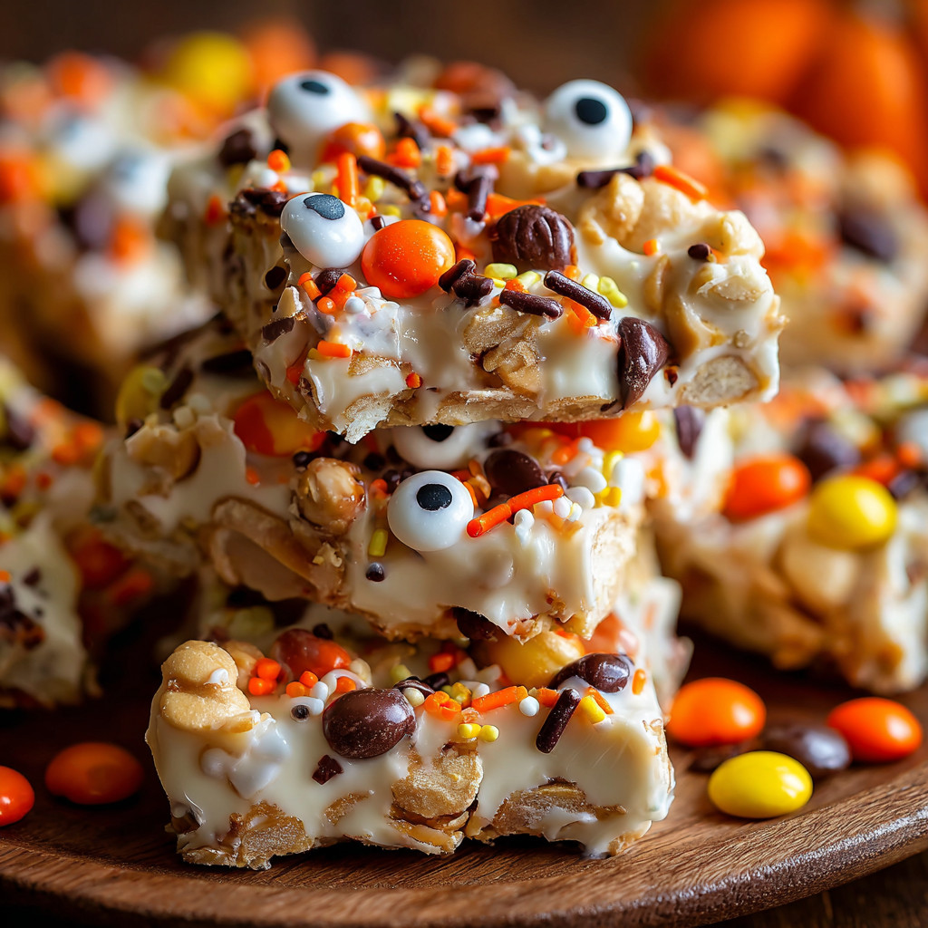 A plate of candy with a piece of candy with an eye on it.
