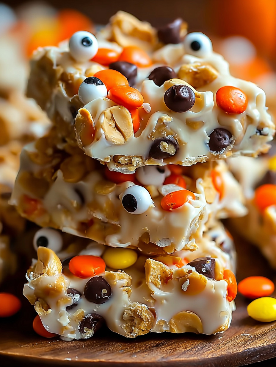 A stack of candy bars with peanut butter and chocolate.