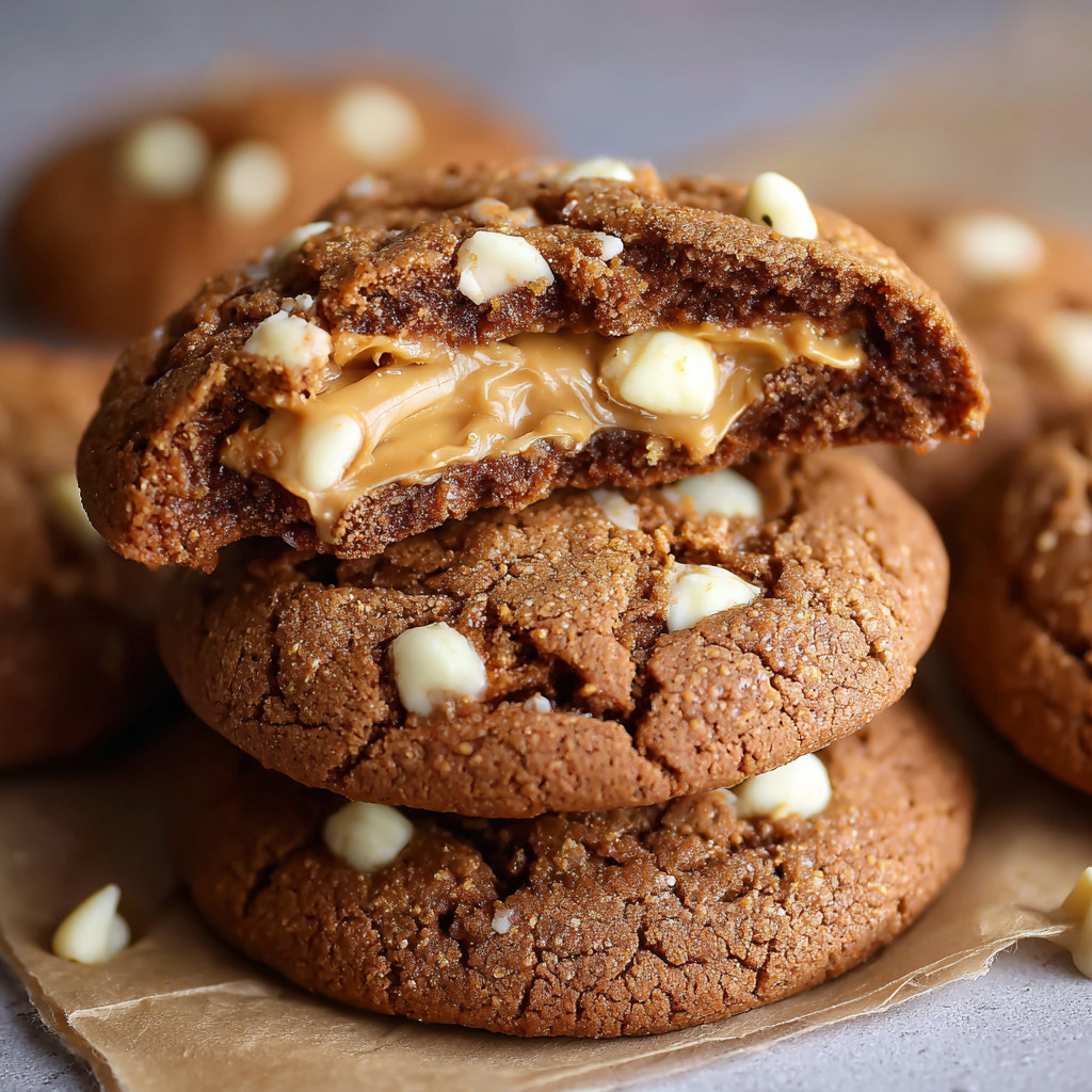 A stack of cookies with peanut butter and white chocolate.