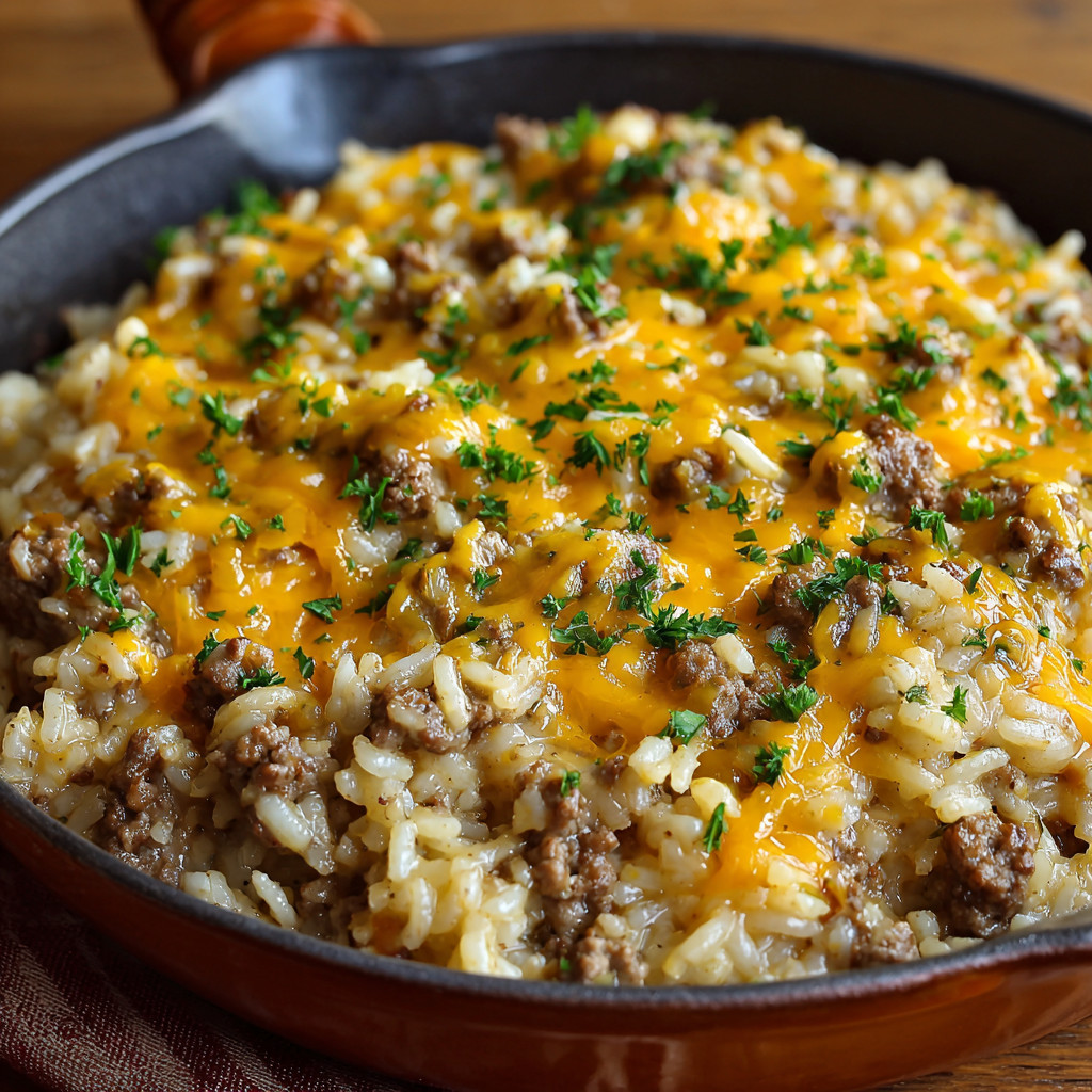 A pan of rice with meat and cheese.