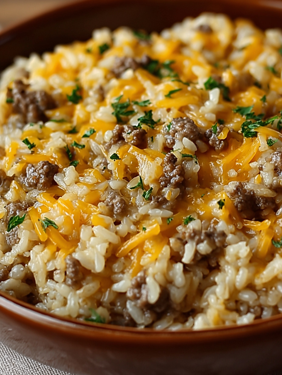 A bowl of rice with cheese and meat.