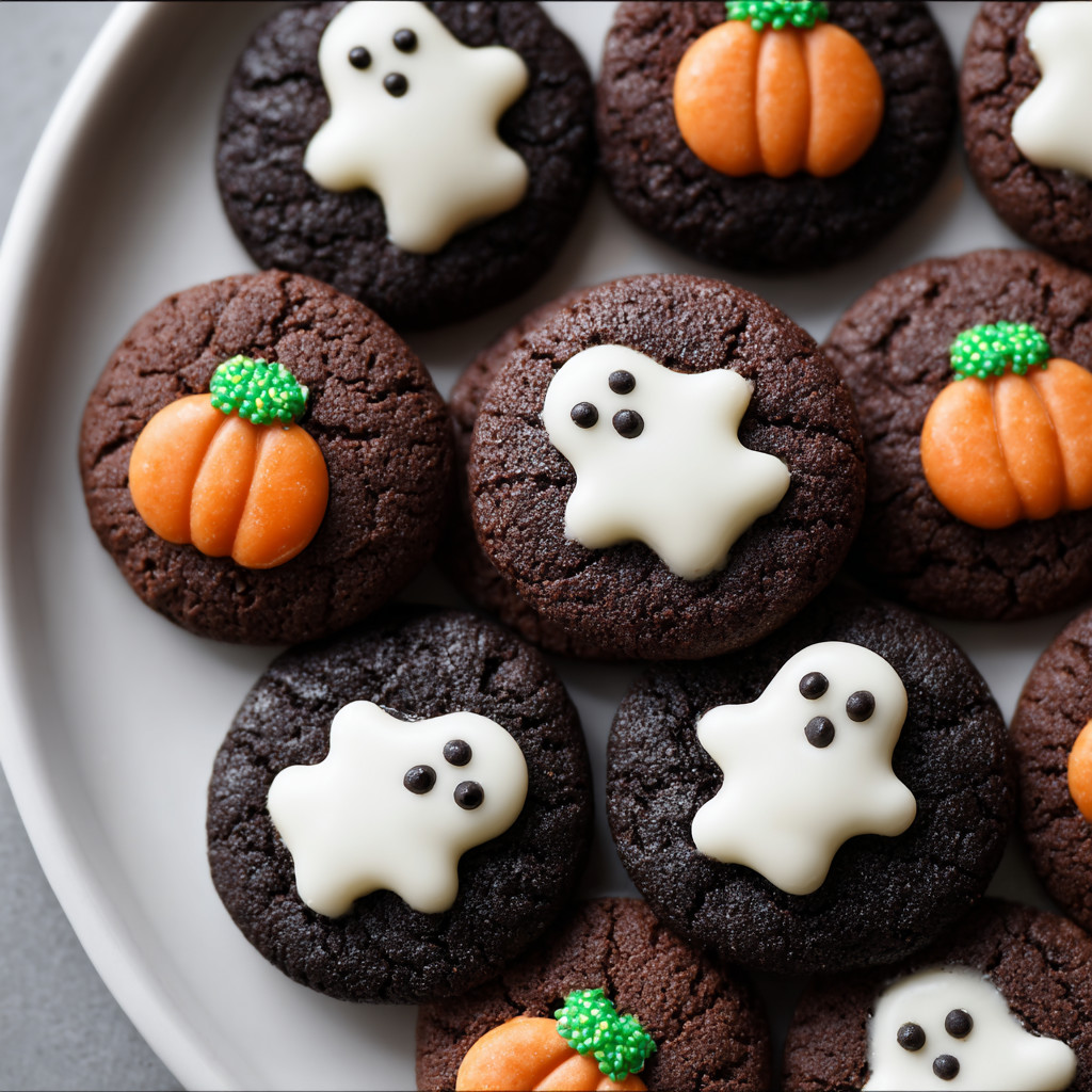 A plate of chocolate cookies with white icing and orange icing and a pumpkin on top.