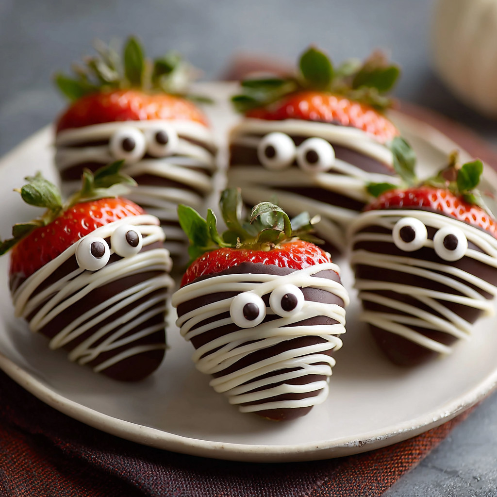 A plate of chocolate covered strawberries with googly eyes.