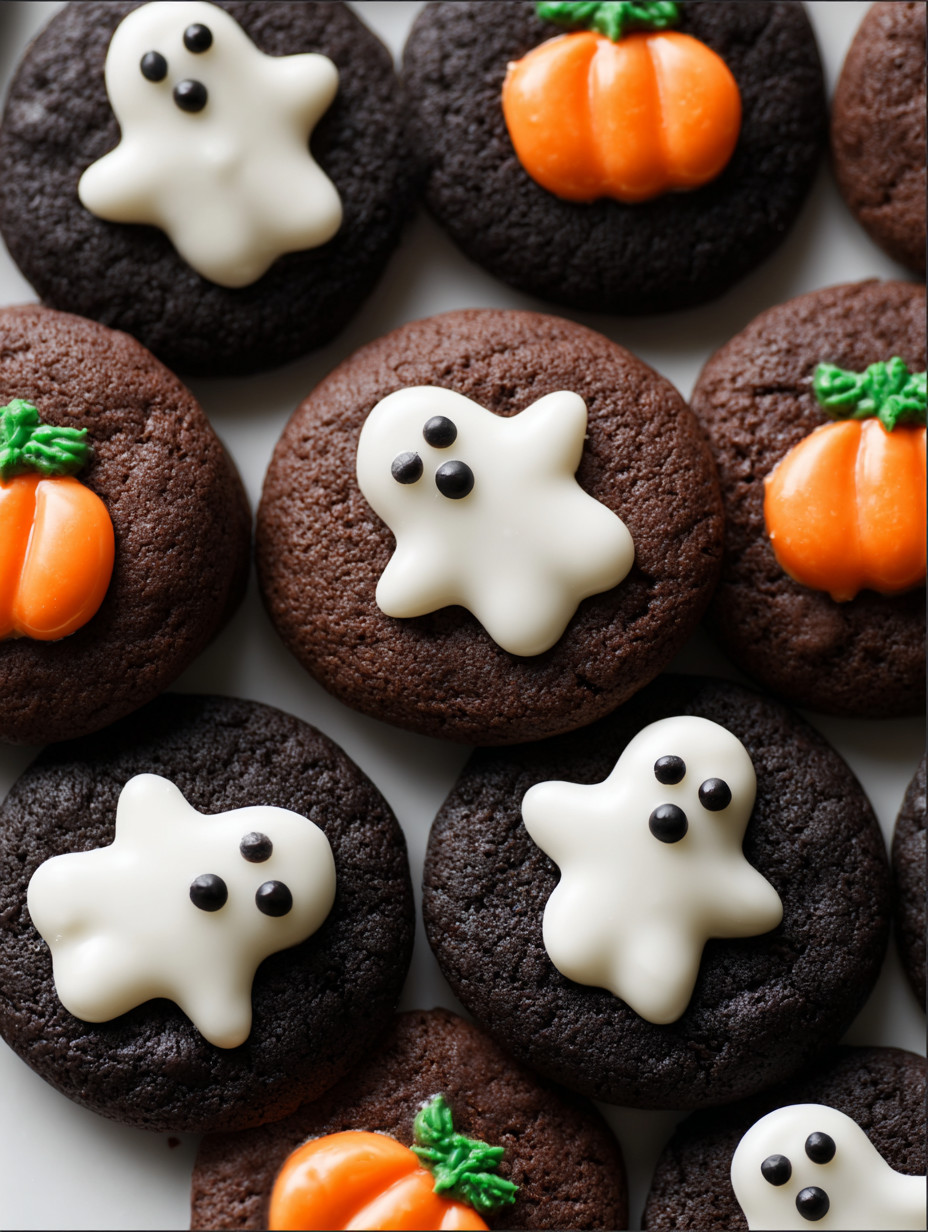 Chocolate cookies with white frosting and a ghost decoration.
