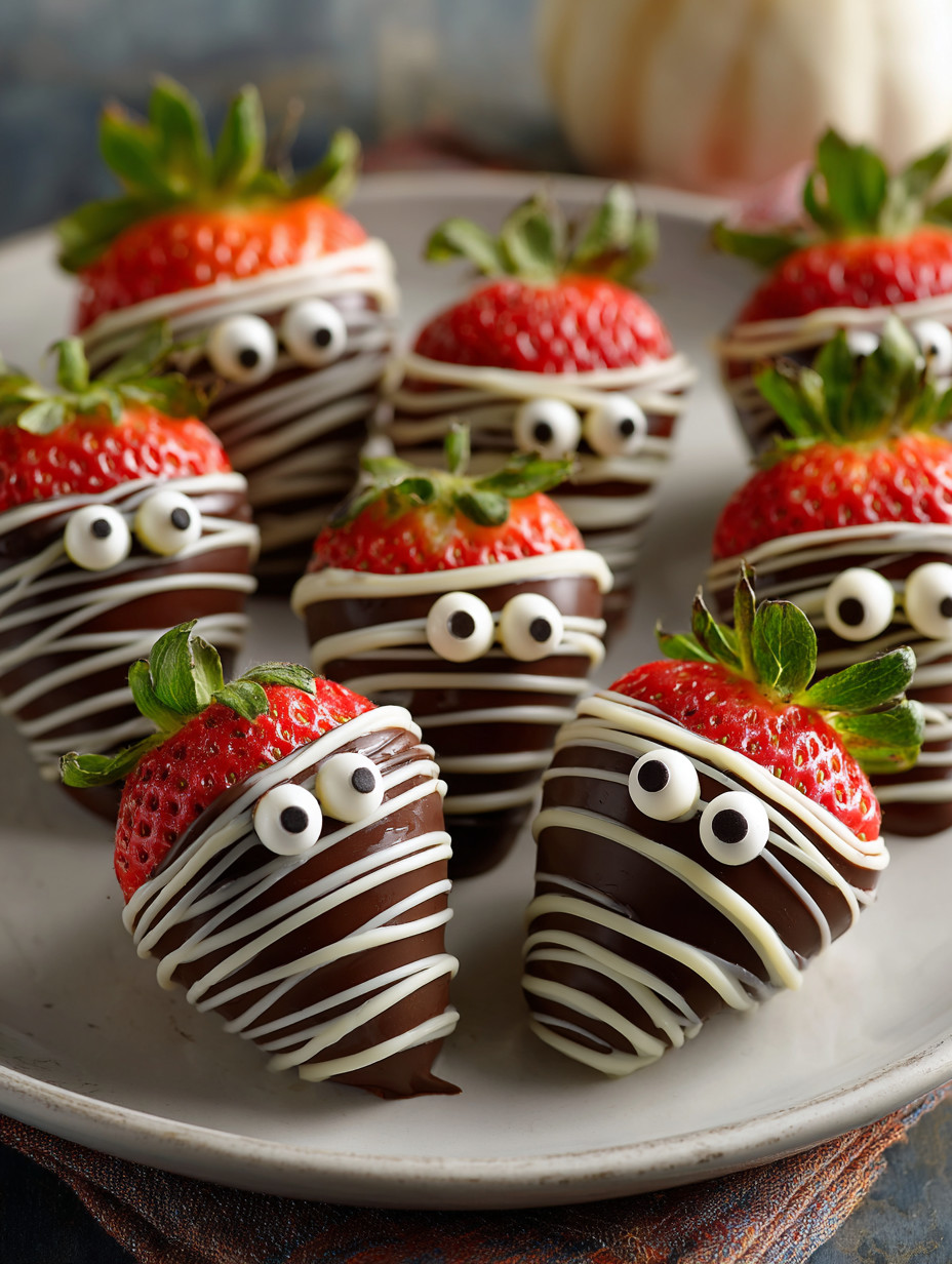 A plate of chocolate covered strawberries with eyes.