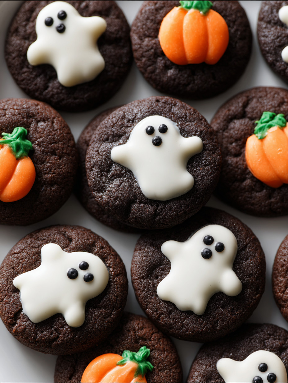 A plate of cookies with ghost and pumpkin decorations.