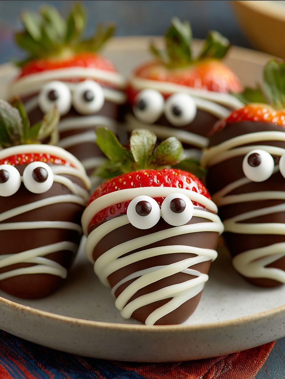 A plate of chocolate covered strawberries with eyes drawn on them.