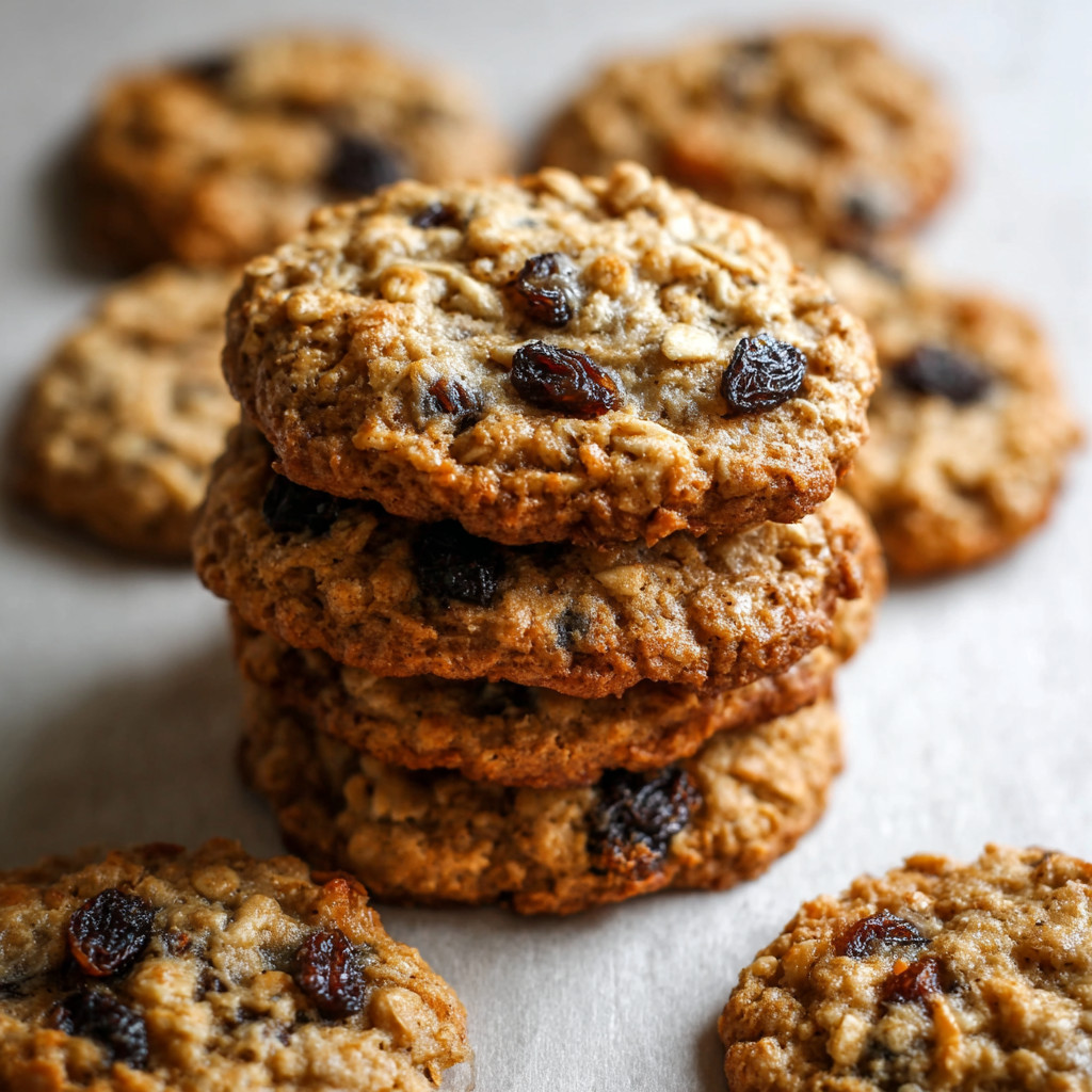 A stack of cookies with raisins on top.