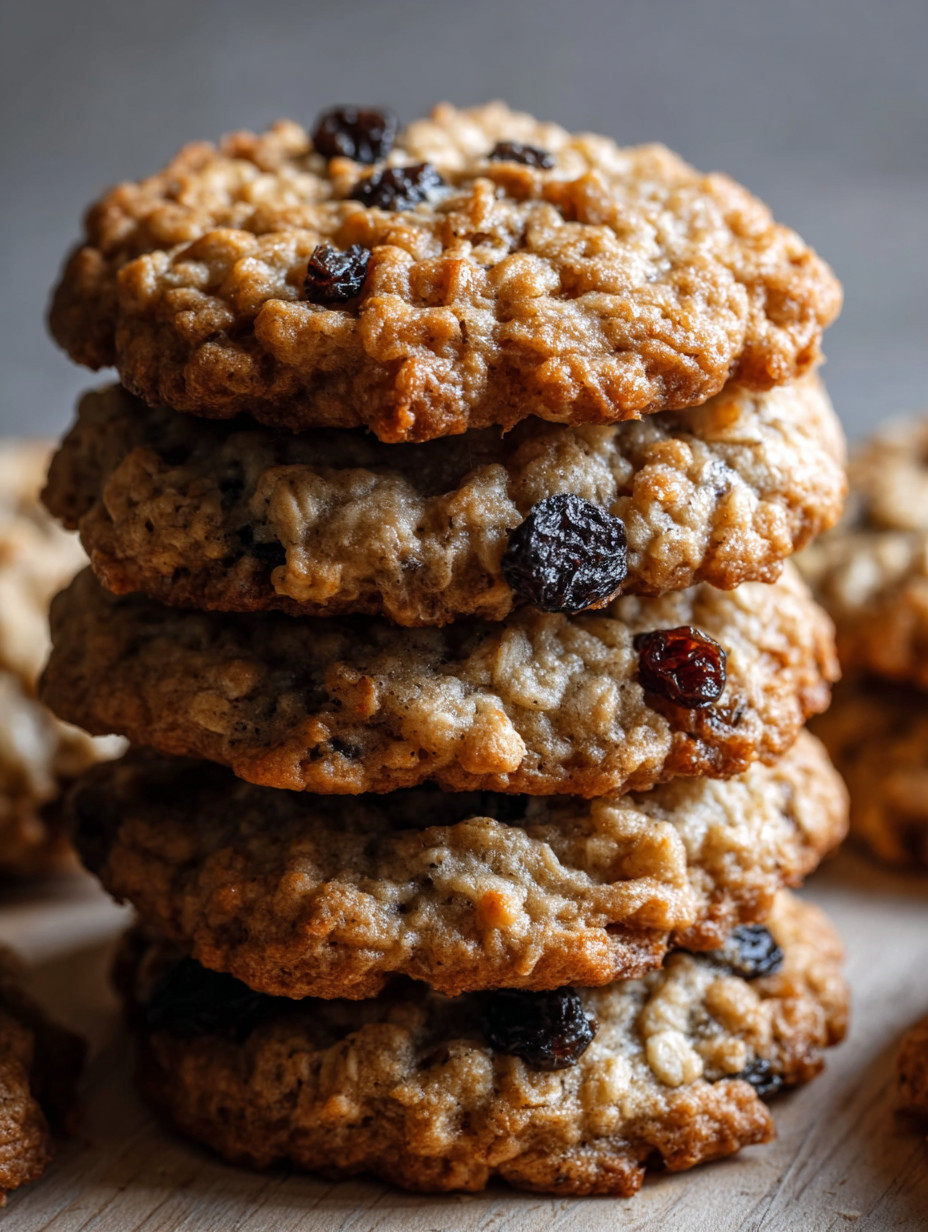 A stack of cookies with raisins on top.