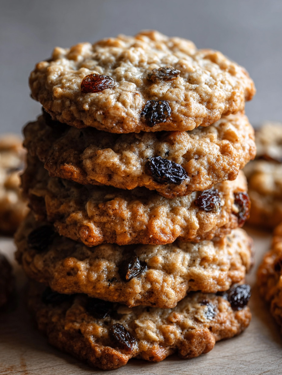 A stack of cookies with raisins.
