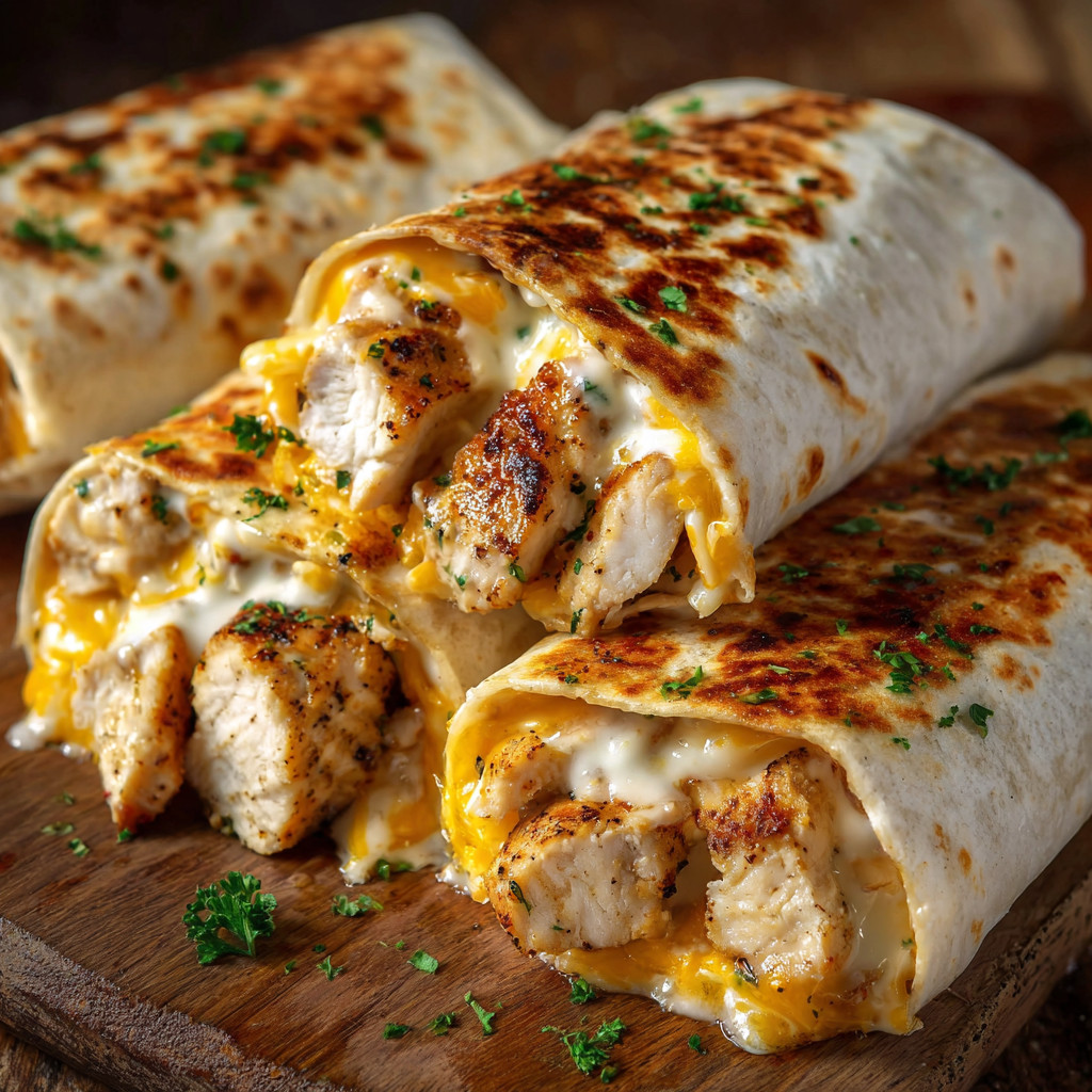 A chicken burrito with cheese and green onions.