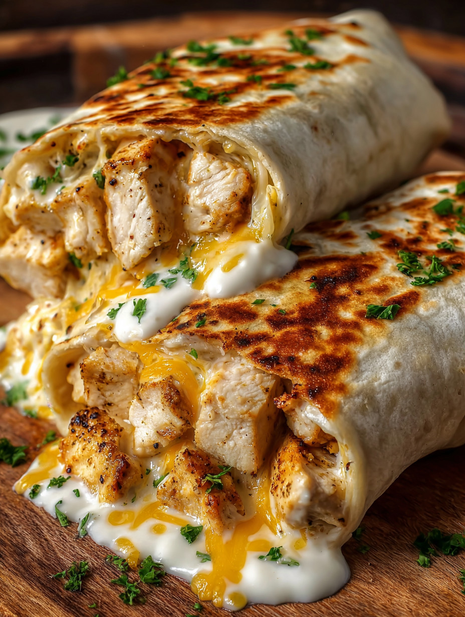 A chicken burrito with white sauce.