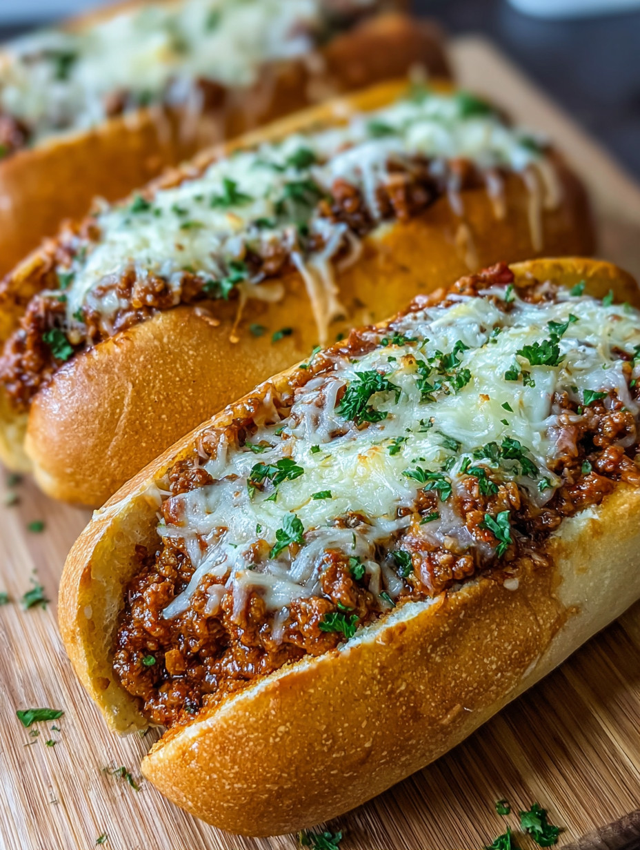 Two sandwiches with meat and cheese on a wooden table.