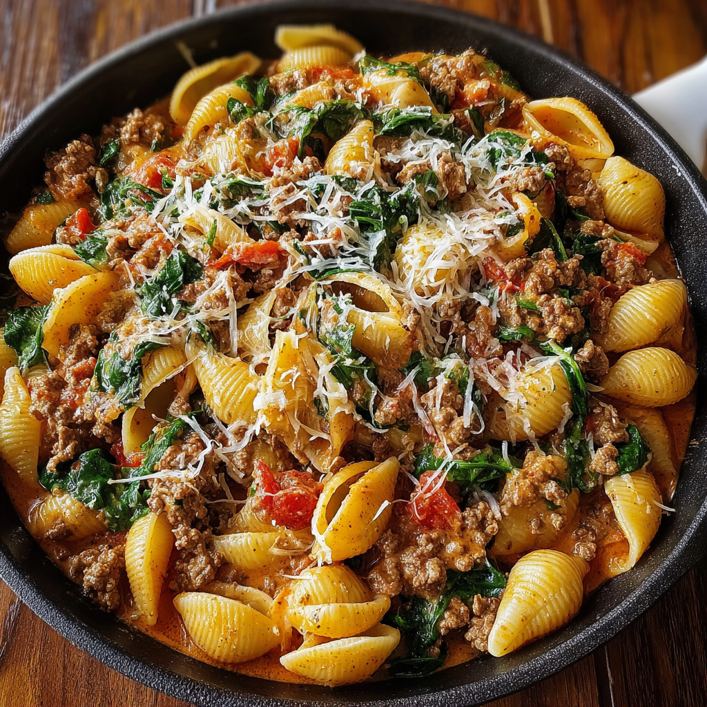 A bowl of pasta with meat and cheese.