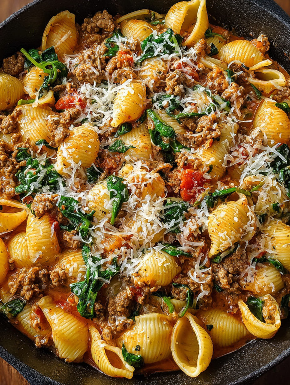 A bowl of pasta with meat and spinach.