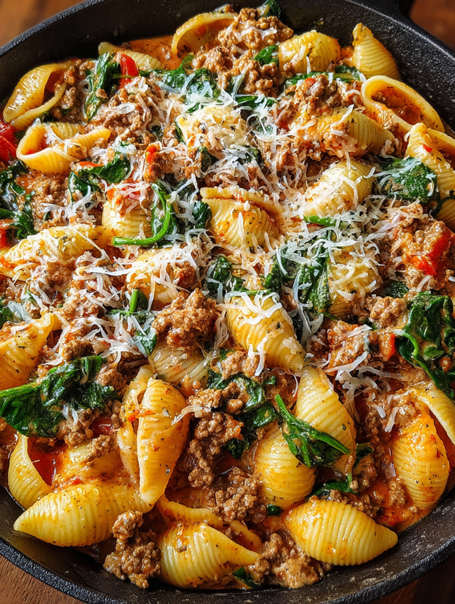 A bowl of pasta with meat and cheese.
