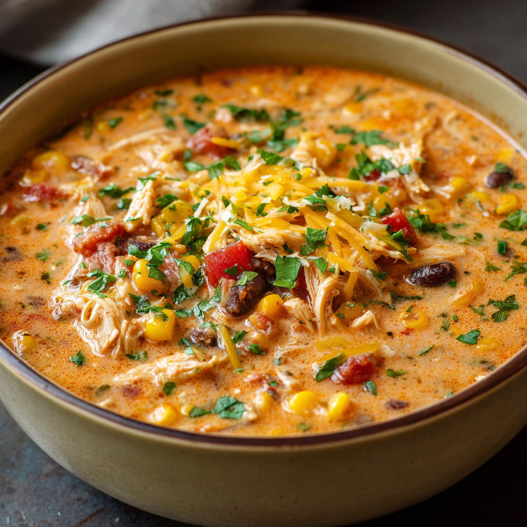 A bowl of soup with chicken and corn.