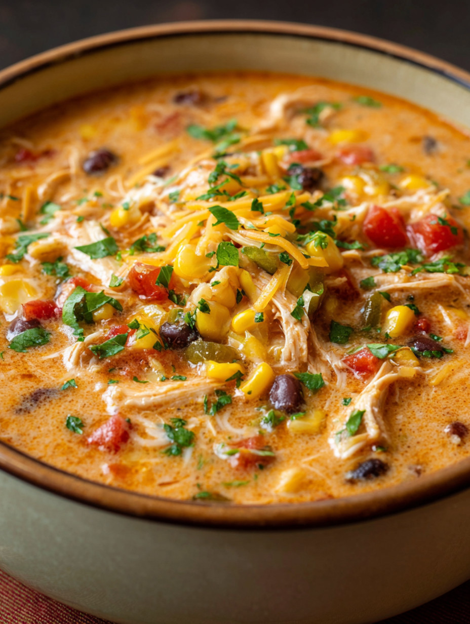 A bowl of soup with chicken and vegetables.