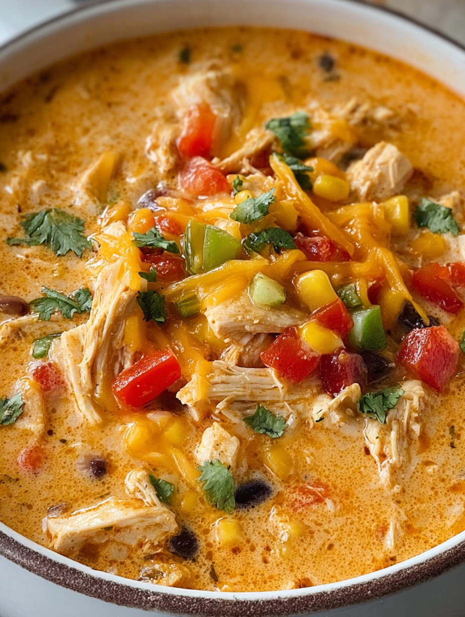 A bowl of soup with chicken and vegetables.