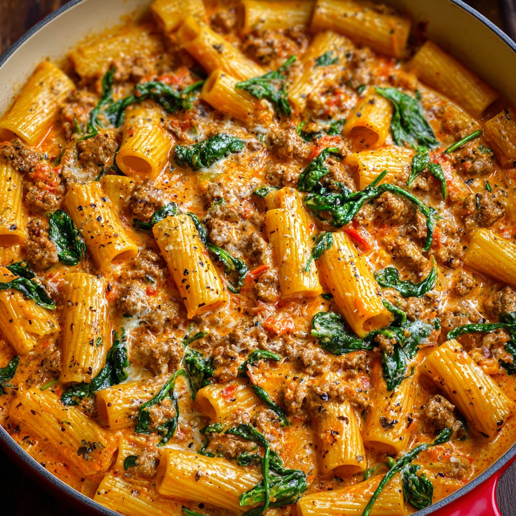 A bowl of pasta with meat and spinach.