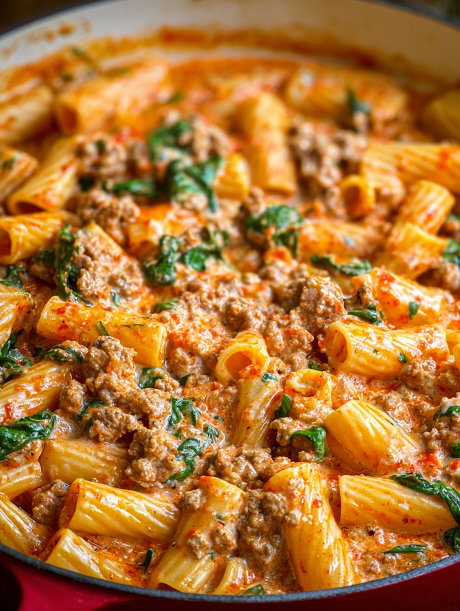 A close up of a plate of pasta with meat and greens.