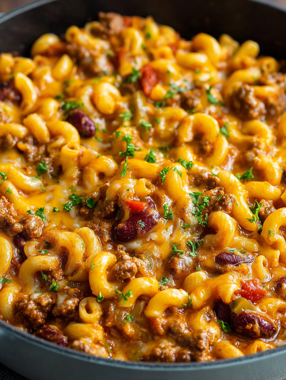 A bowl of macaroni and cheese with meat and vegetables.