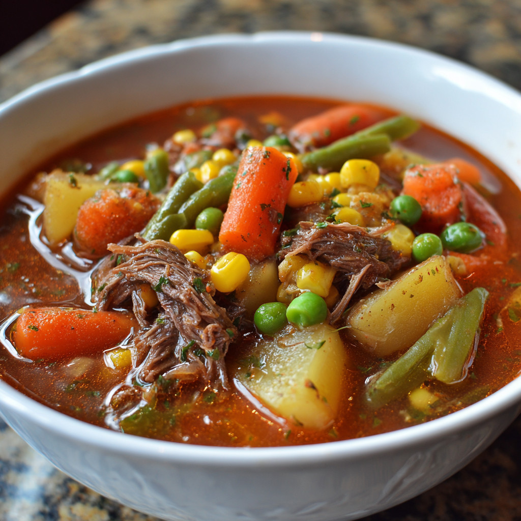 A bowl of soup with meat and vegetables.