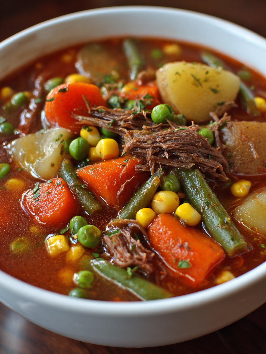 A bowl of soup with green beans and carrots.