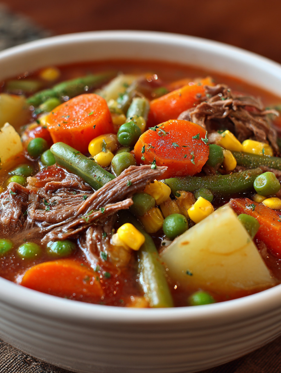 A bowl of soup with carrots, corn, and peas.