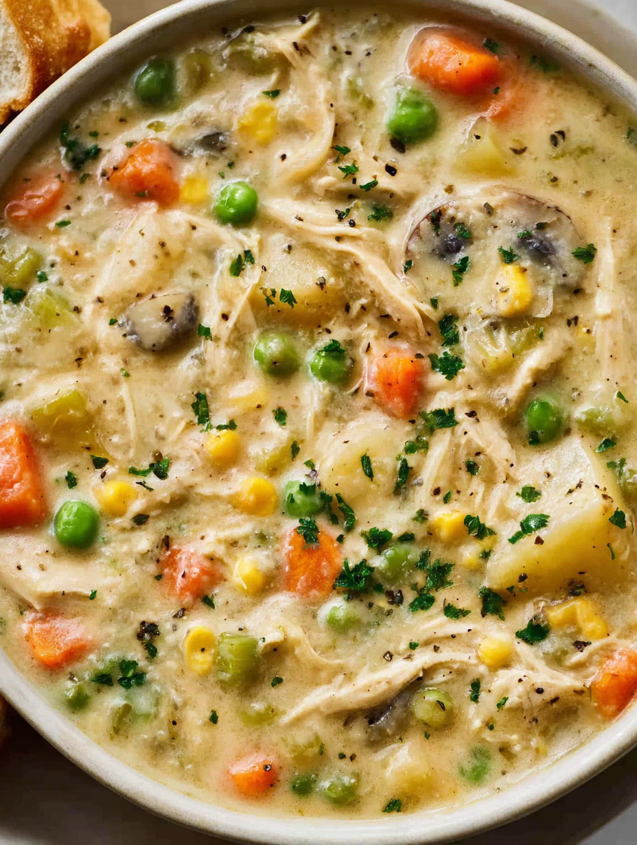 A bowl of soup with vegetables and chicken.