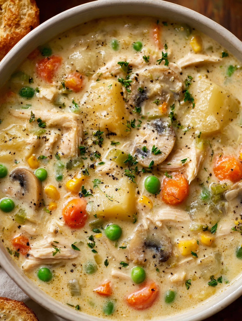A bowl of soup with chicken, peas, and mushrooms.