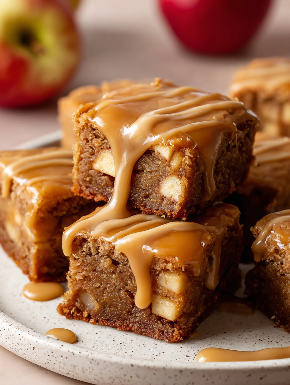 A plate of brownies with caramel drizzled on top.