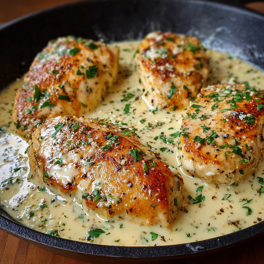 Chicken in a pan with sauce.