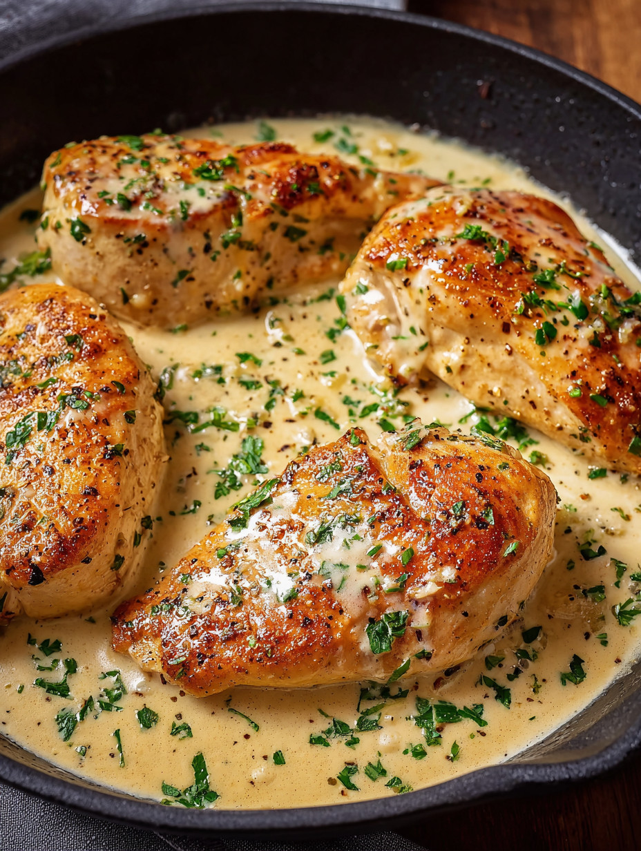 Chicken with herbs in a creamy sauce.