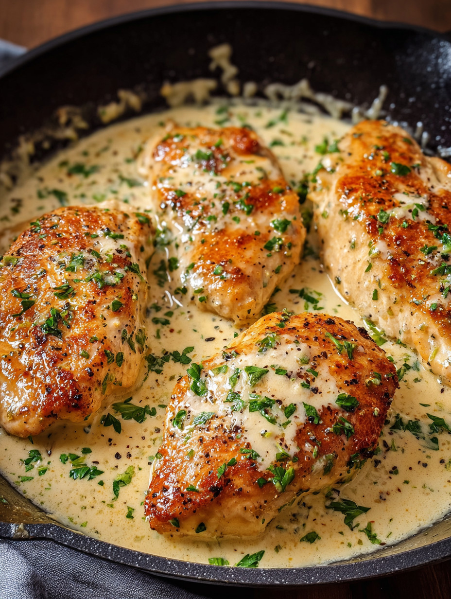 Chicken with sauce and herbs.