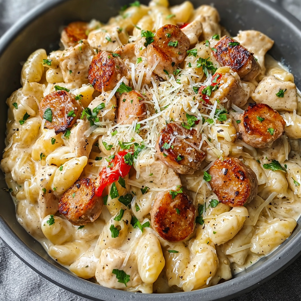 A bowl of pasta with sausage and cheese.