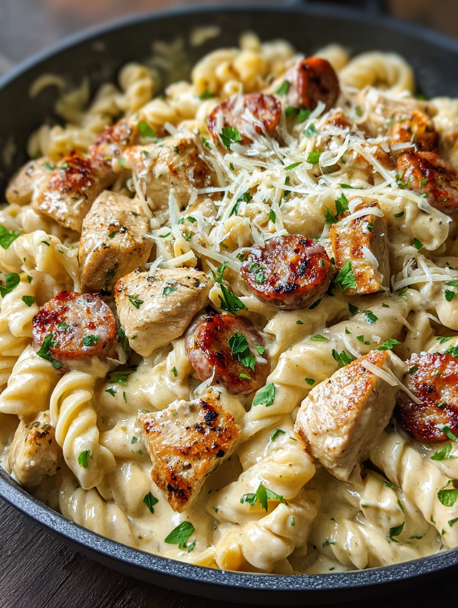 A bowl of pasta with chicken and sausage.