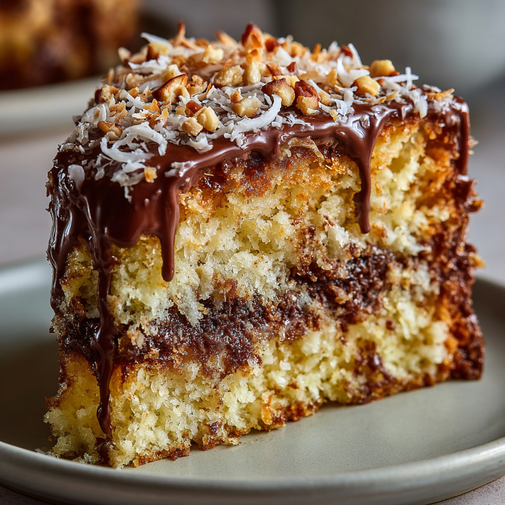 A slice of cake with chocolate and nuts.