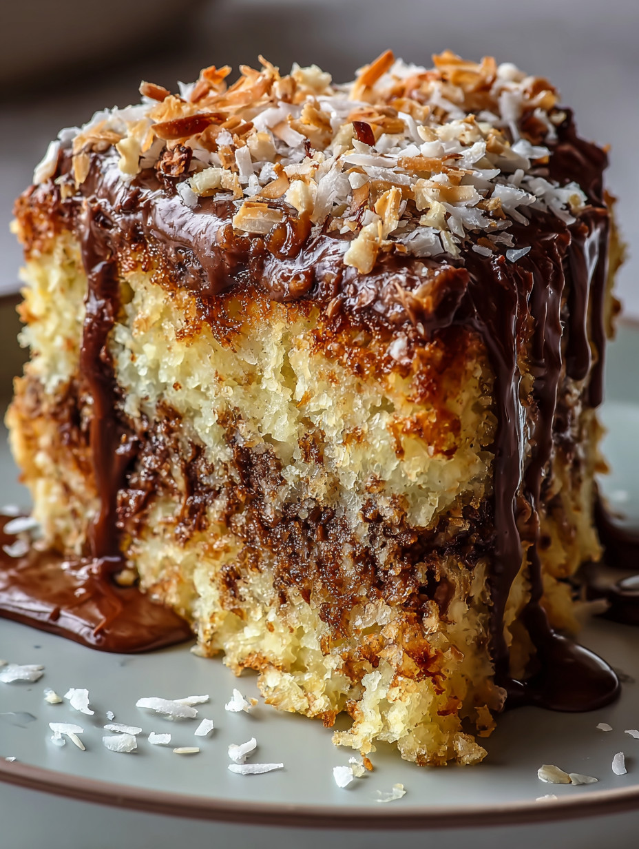 A slice of cake with chocolate drizzled on top.