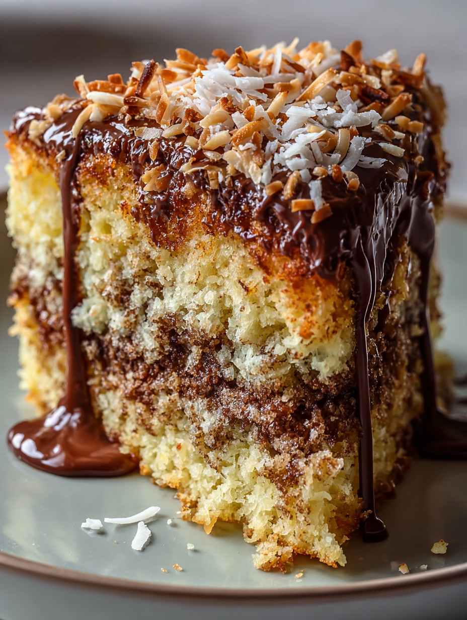 A slice of cake with chocolate drizzled on it.