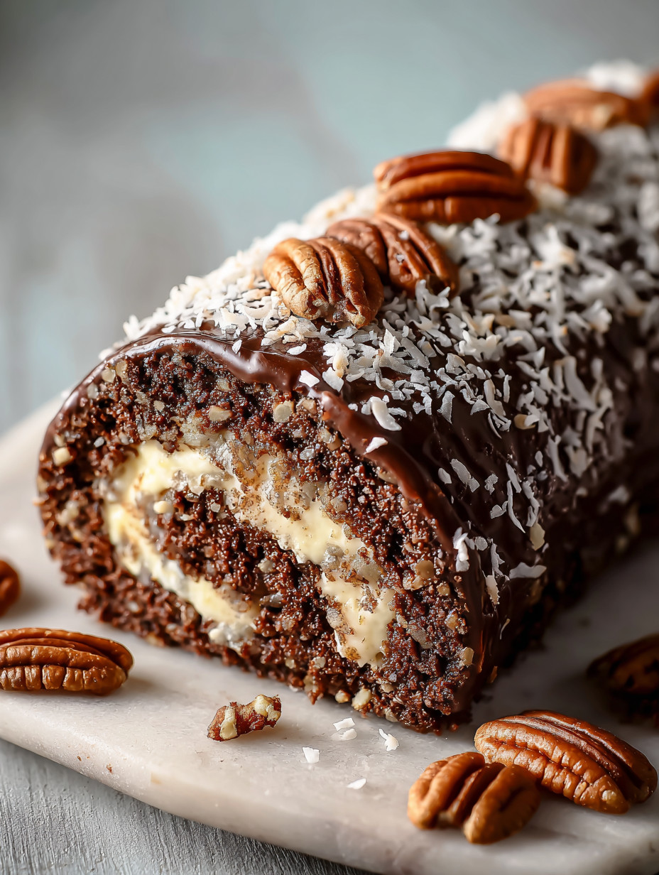 A chocolate cake with nuts on top.