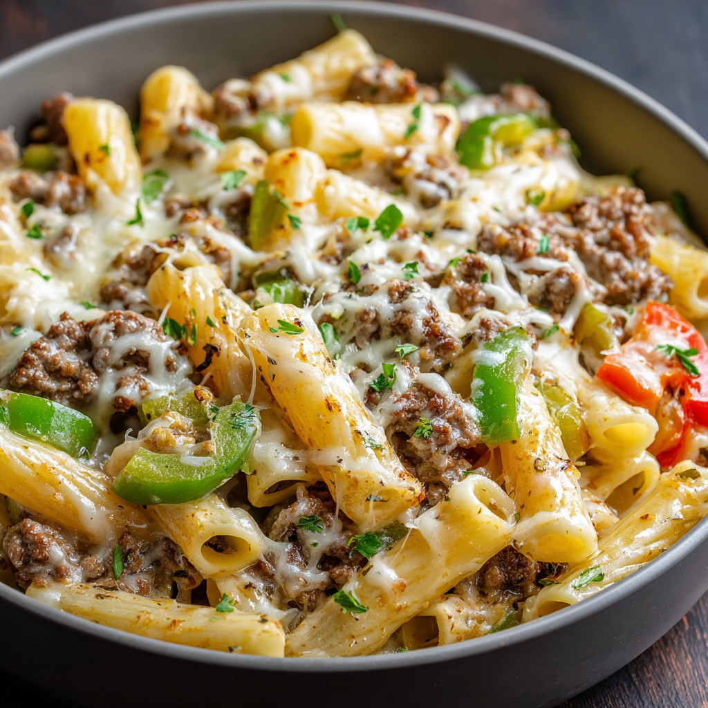 A bowl of pasta with meat and cheese.