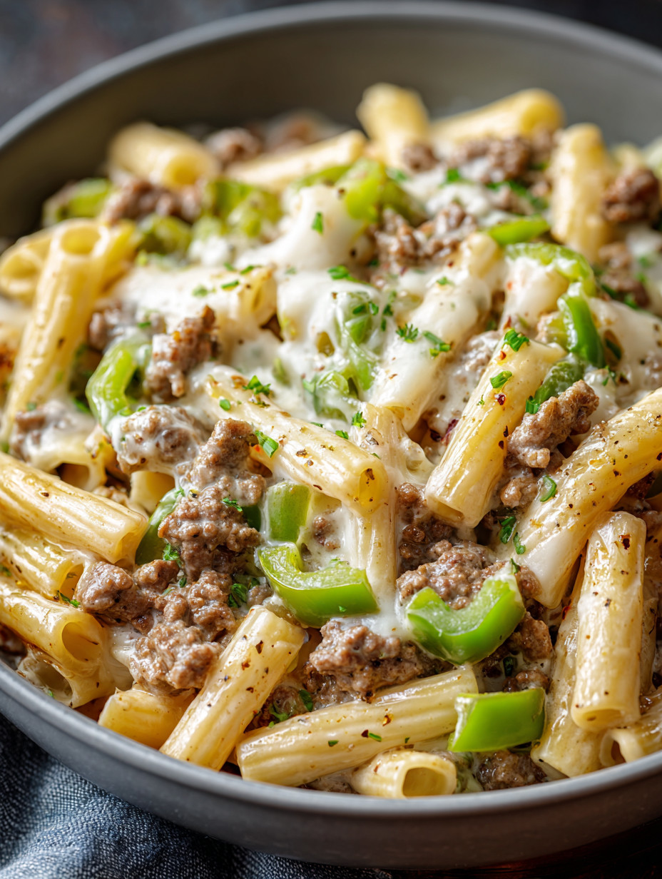 A bowl of pasta with meat and cheese.
