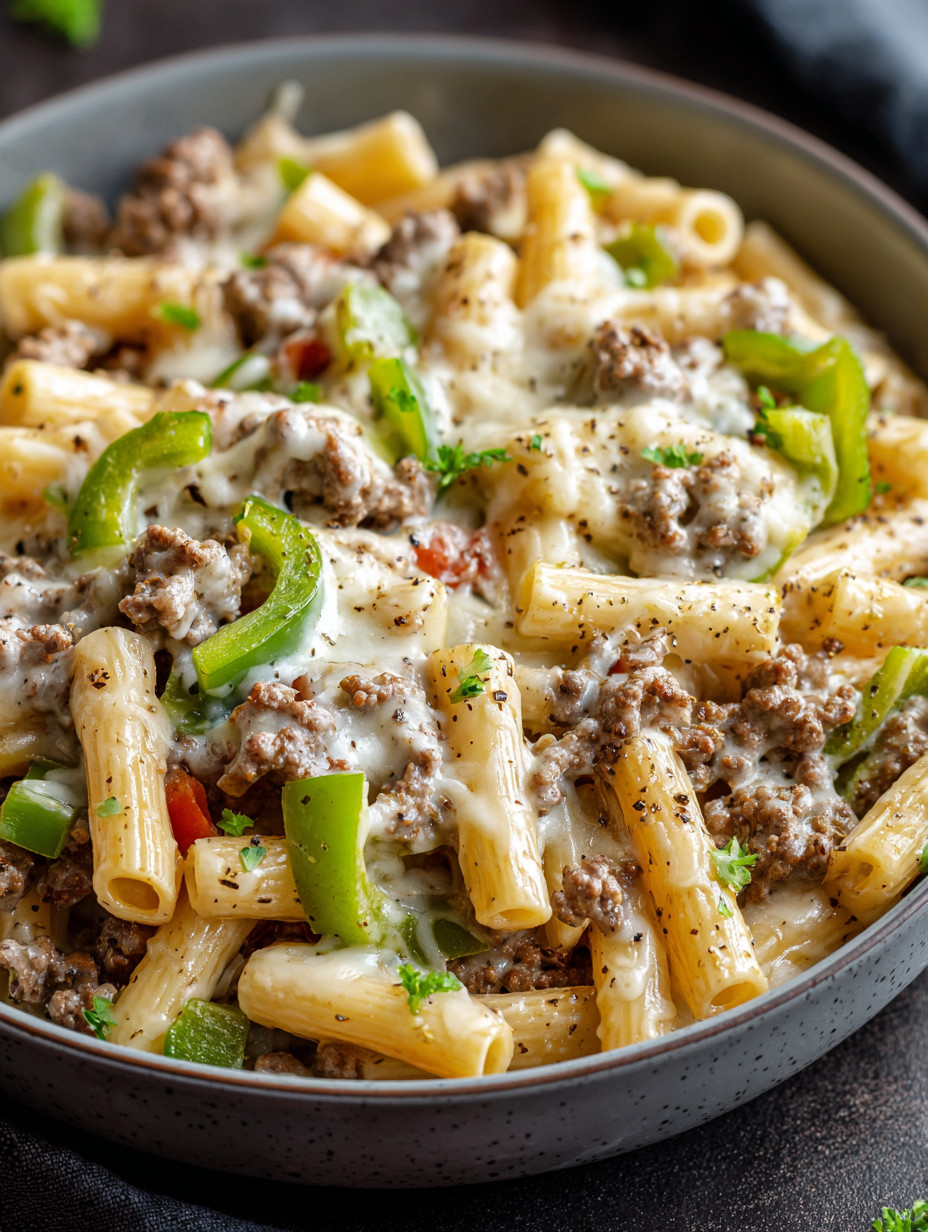 A bowl of pasta with meat and peppers.