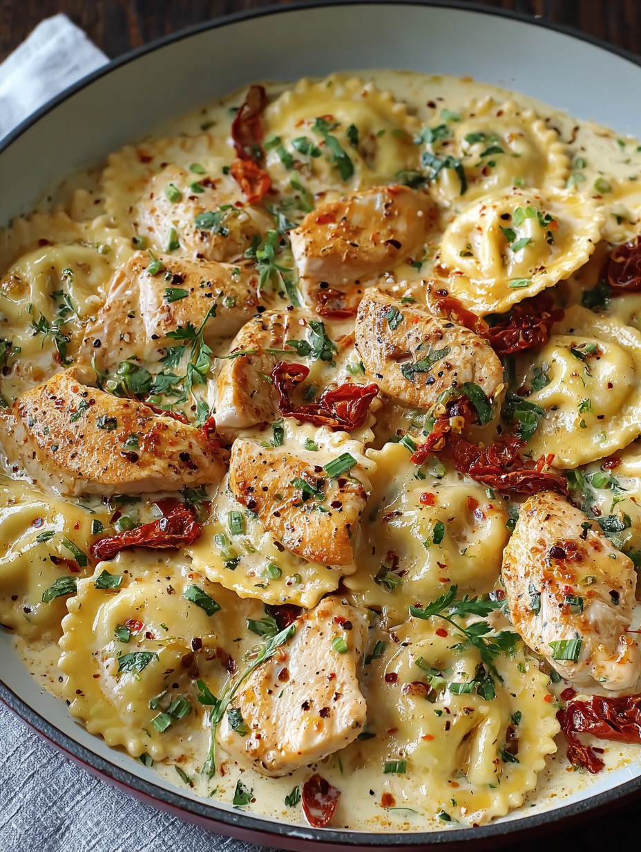 A bowl of pasta with chicken and tomatoes.