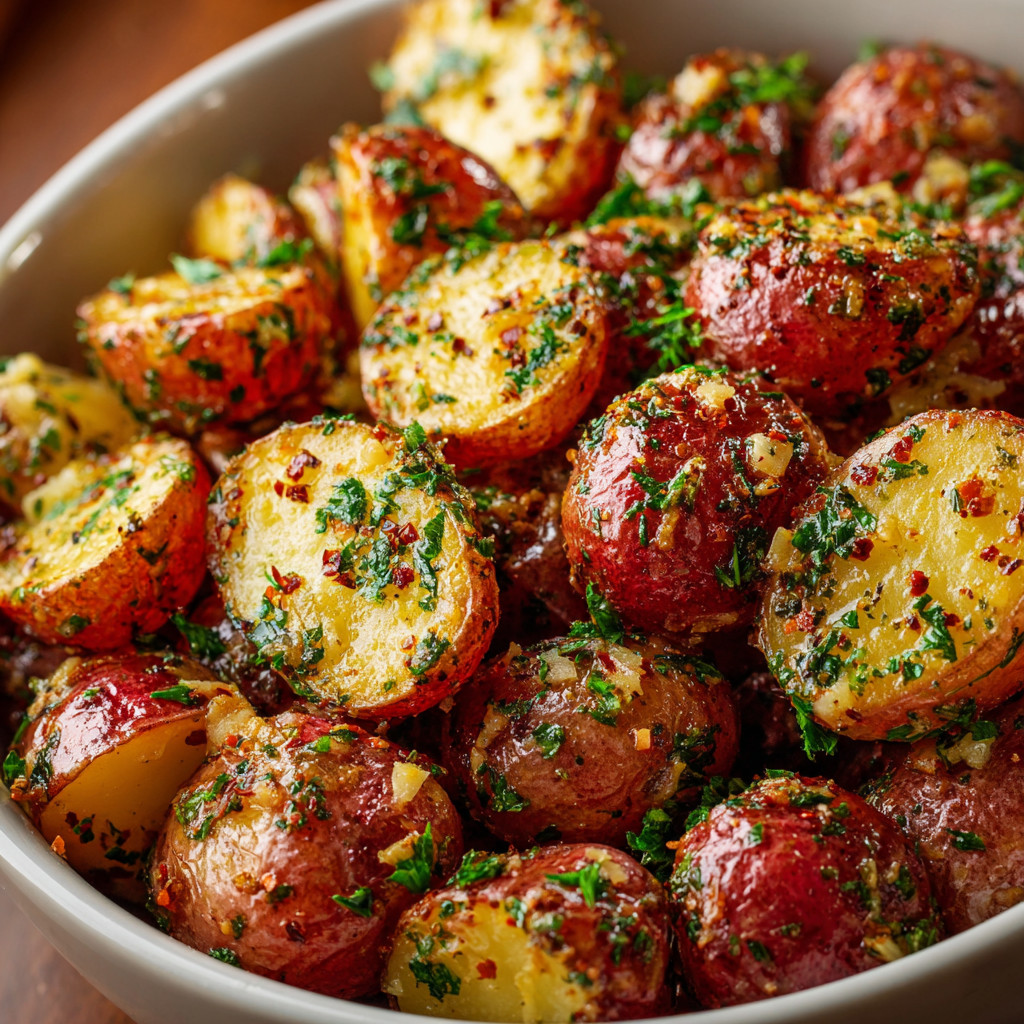 A bowl of potatoes with herbs.