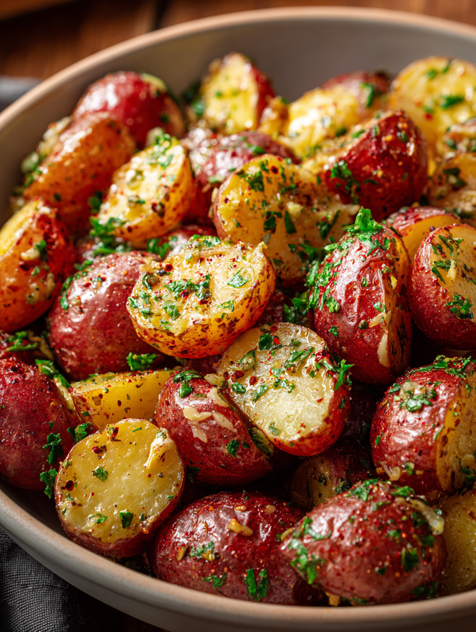A bowl of potatoes with herbs.